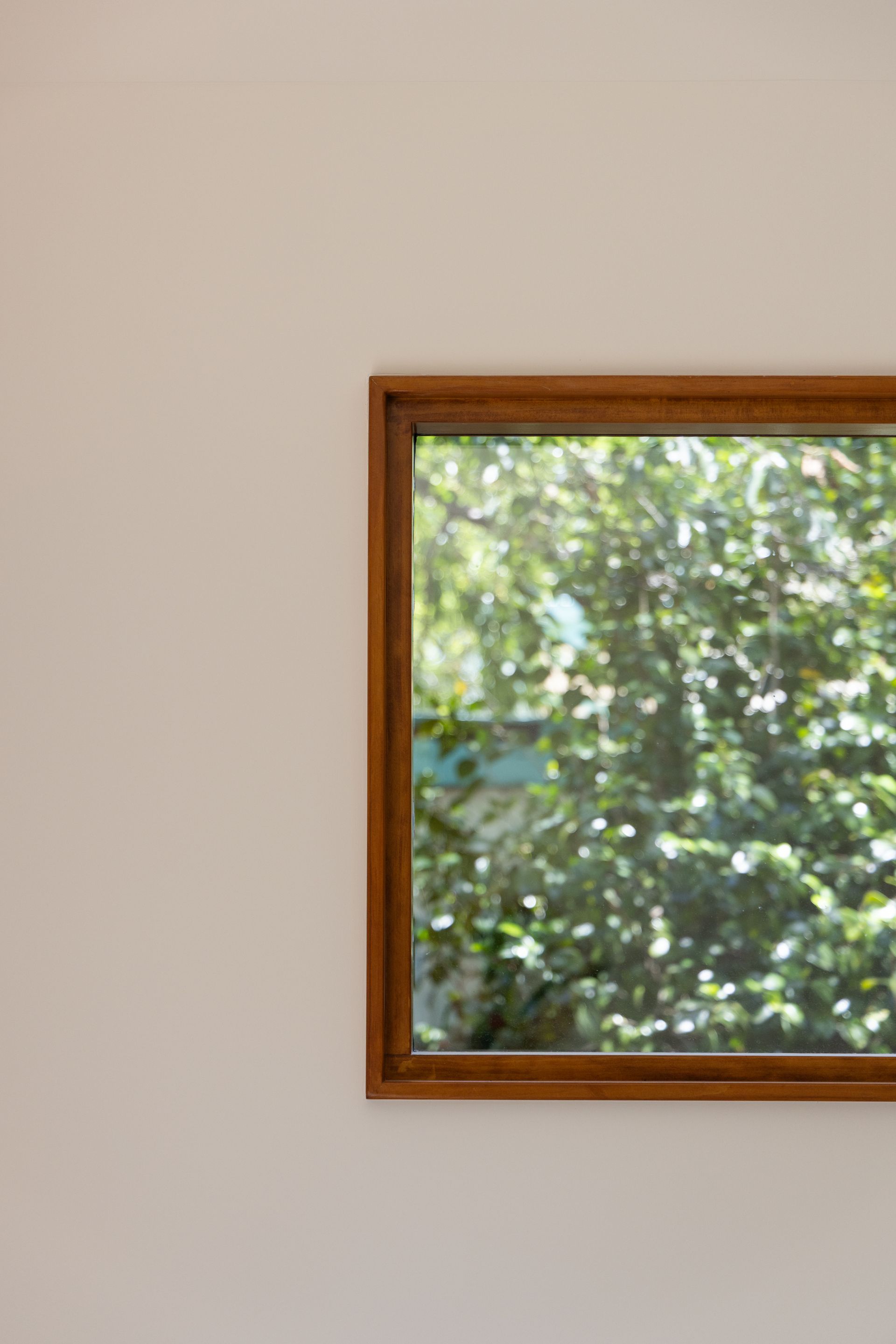 Wood-framed window showing leafy green trees outside against a beige interior wall