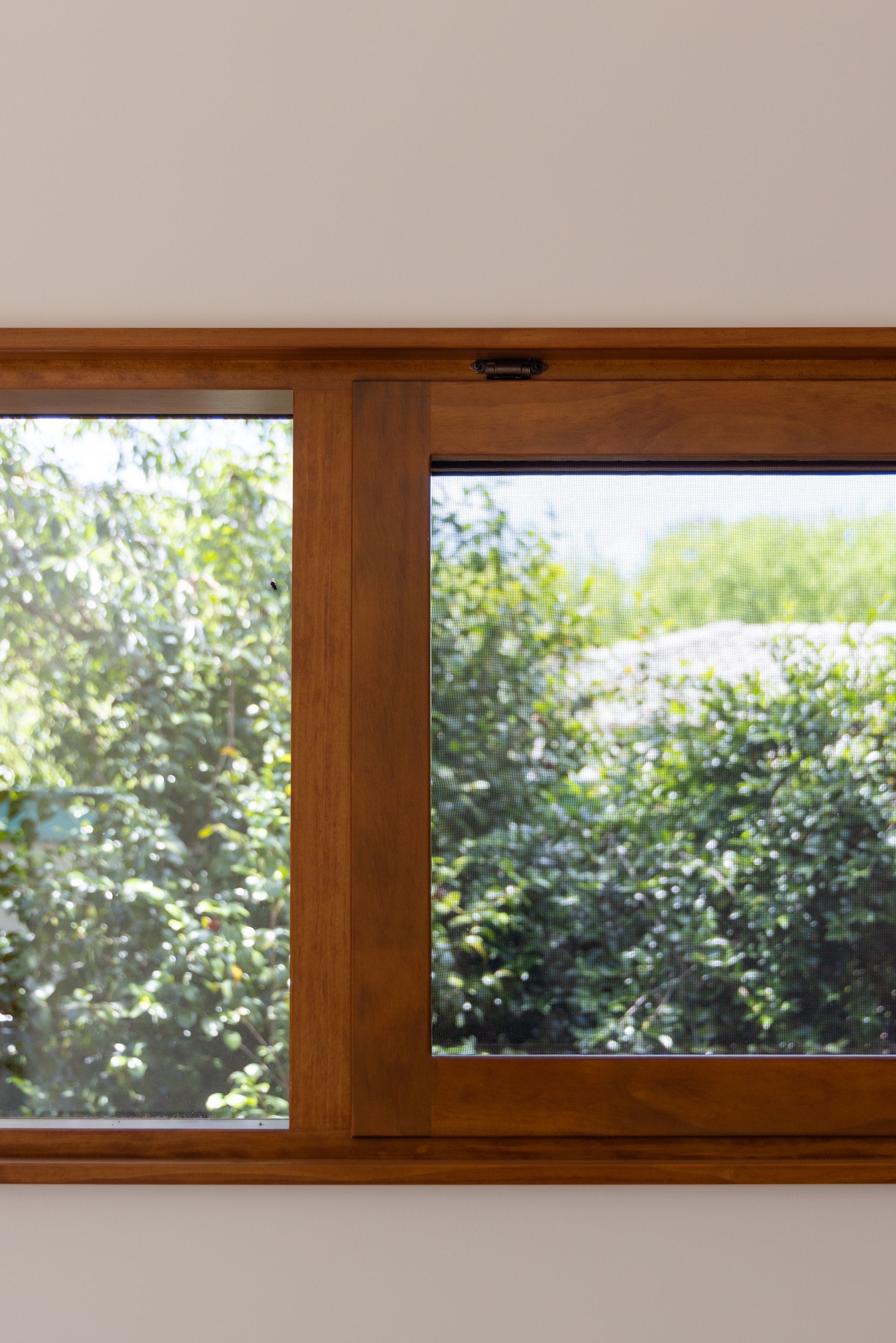 Wood-framed window with frosted glass and greenery visible outside