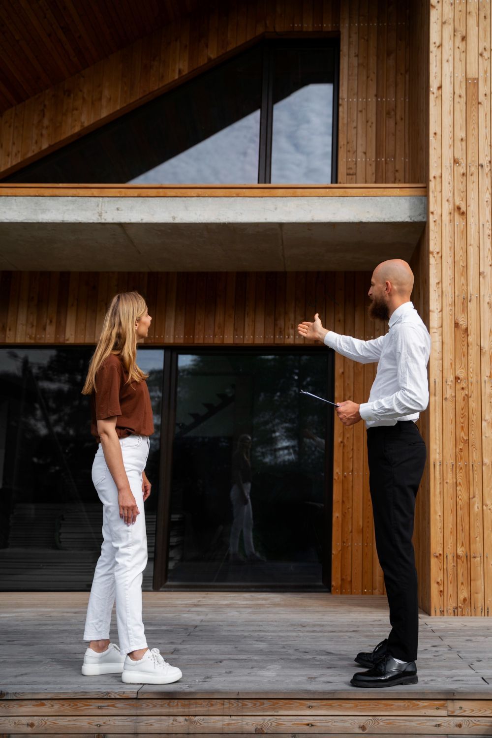 Two people talking outside a modern wooden building, one gesturing toward the entrance.