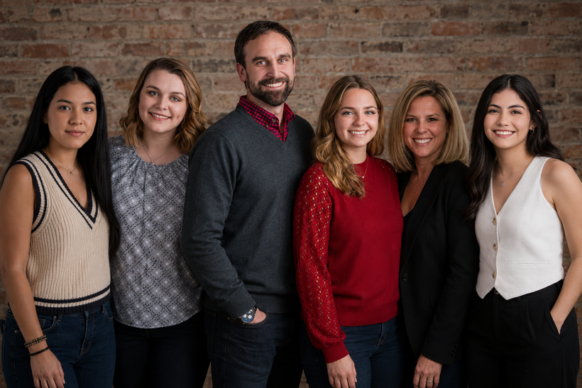 Six people standing together against a brick wall, smiling at the camera.