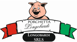 Logo for Porchetta Longobardi with a cartoon pig above a banner in Italian flag colors reading