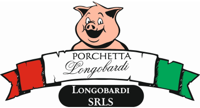 Logo for Porchetta Longobardi with a cartoon pig above a banner in Italian flag colors reading 