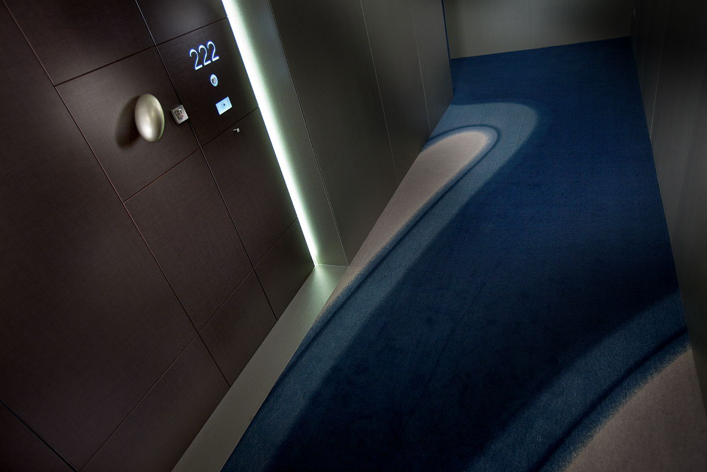 Коридор отеля, на котором видна темная дверь с номером 222, а по ней извилистая дорожка, выложенная синим ковром, ведет в коридор.