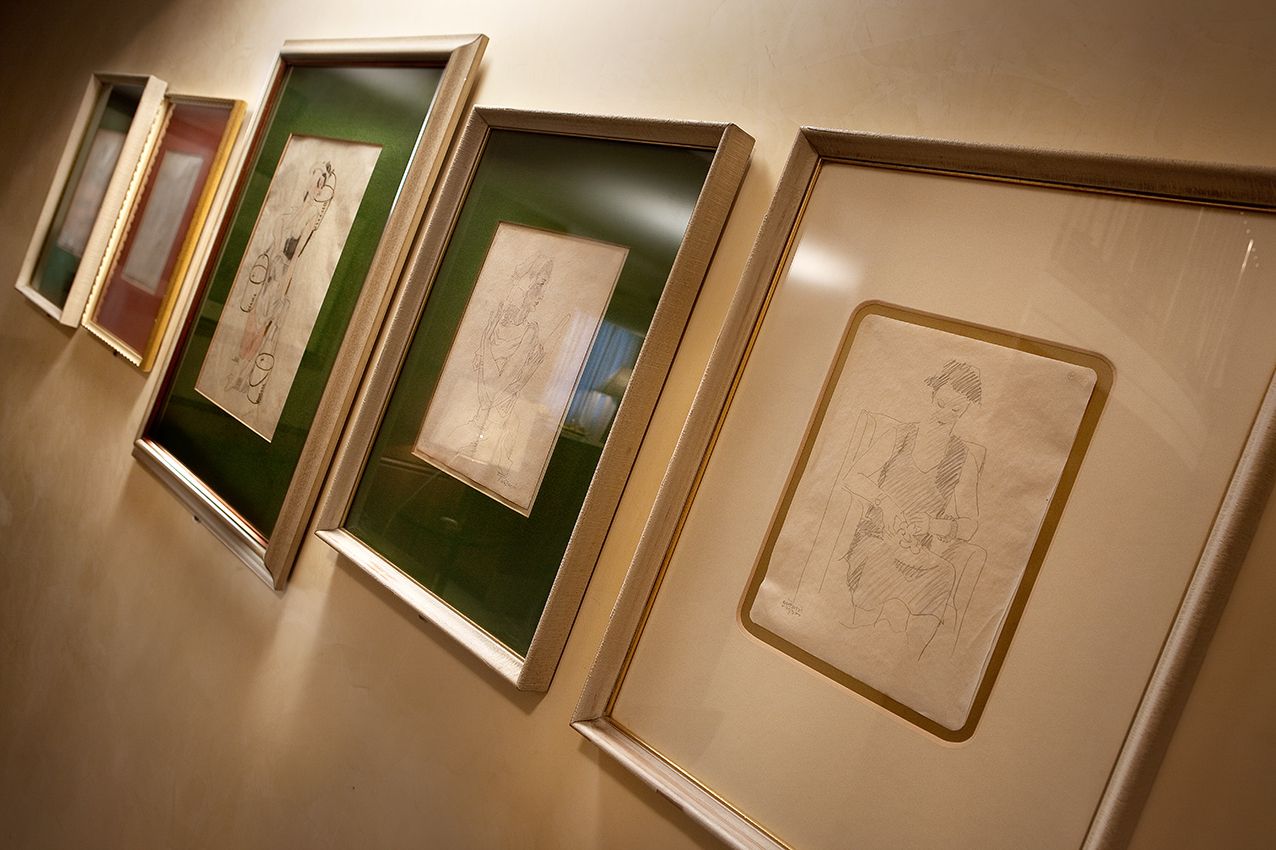 Ряд из пяти оформленных в рамы анатомических или ботанических рисунков тушью в винтажном стиле, висящих на простой стене.