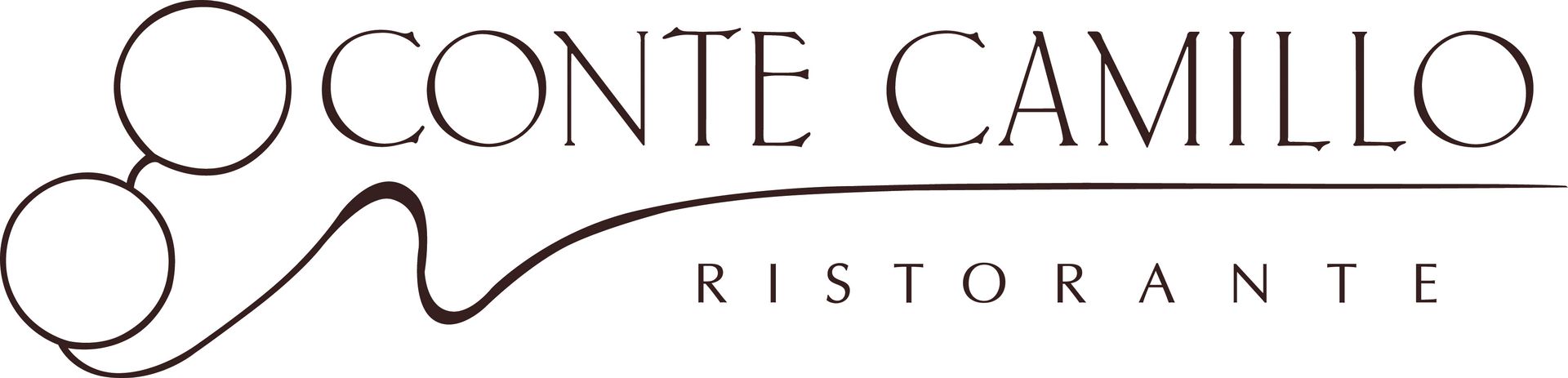 Conte Camillo Ristorante 的标志，采用风格化的圆形文字和眼镜的线条画。