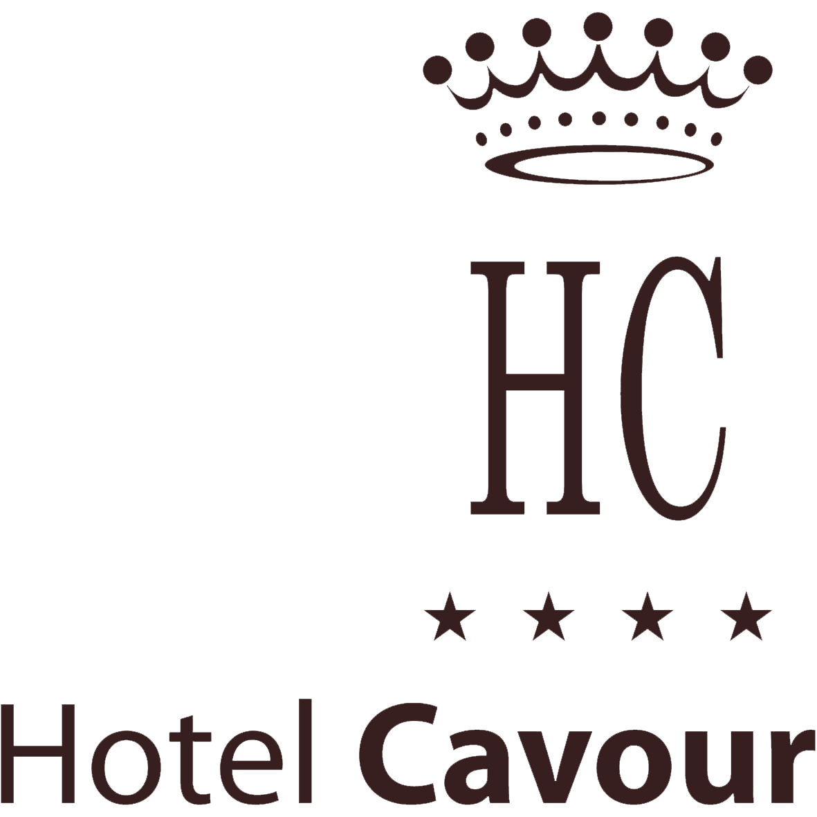 ホテル・カヴールのロゴ：濃い茶色の王冠が「HC」の文字と4つの星の上に配置され、その下に「Hotel Cavour」の文字が記されている。