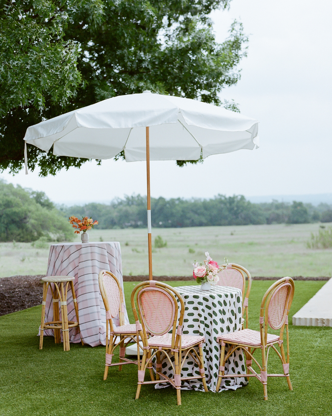 Outdoor dining setup with white umbrella, wicker chairs, and patterned tablecloth on a grassy lawn