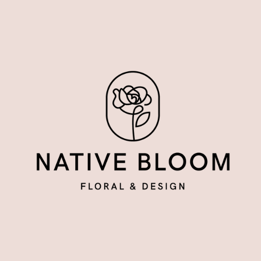 Minimalist logo for Native Bloom Floral & Design featuring a single-line rose inside an oval on a pale pink background.
