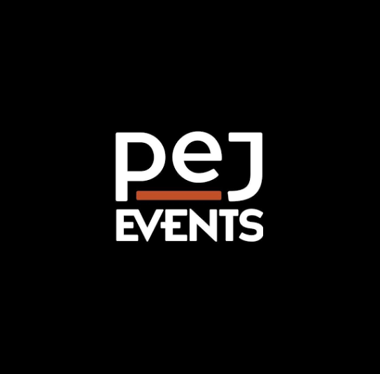 Logo for PEJ EVENTS featuring the white lowercase letters 
