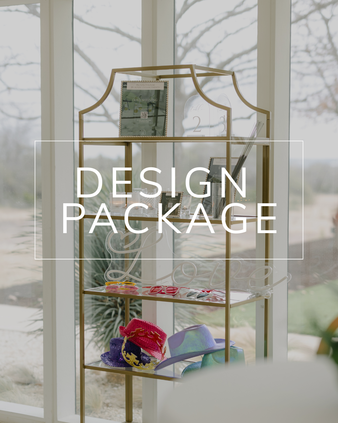 Gold metal shelving unit in front of a window, displaying hats and decor with the text