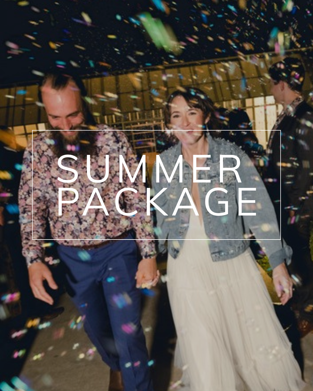 A smiling couple walks through falling confetti, the text