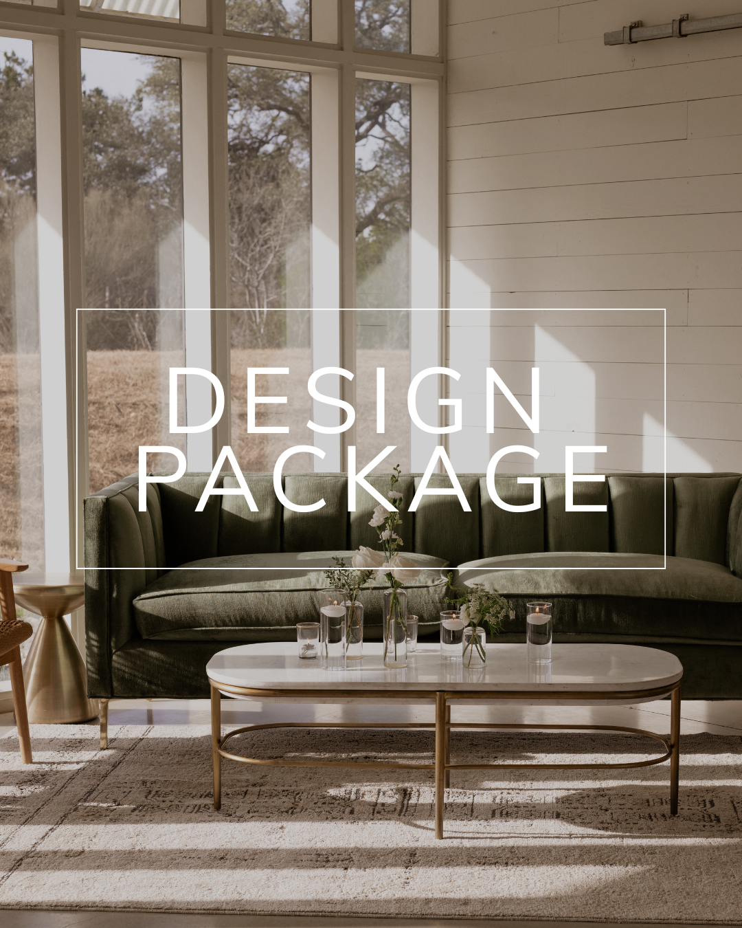 A dark green velvet sofa and marble coffee table in a sunlit room with large windows, overlaid with text: DESIGN PACKAGE.