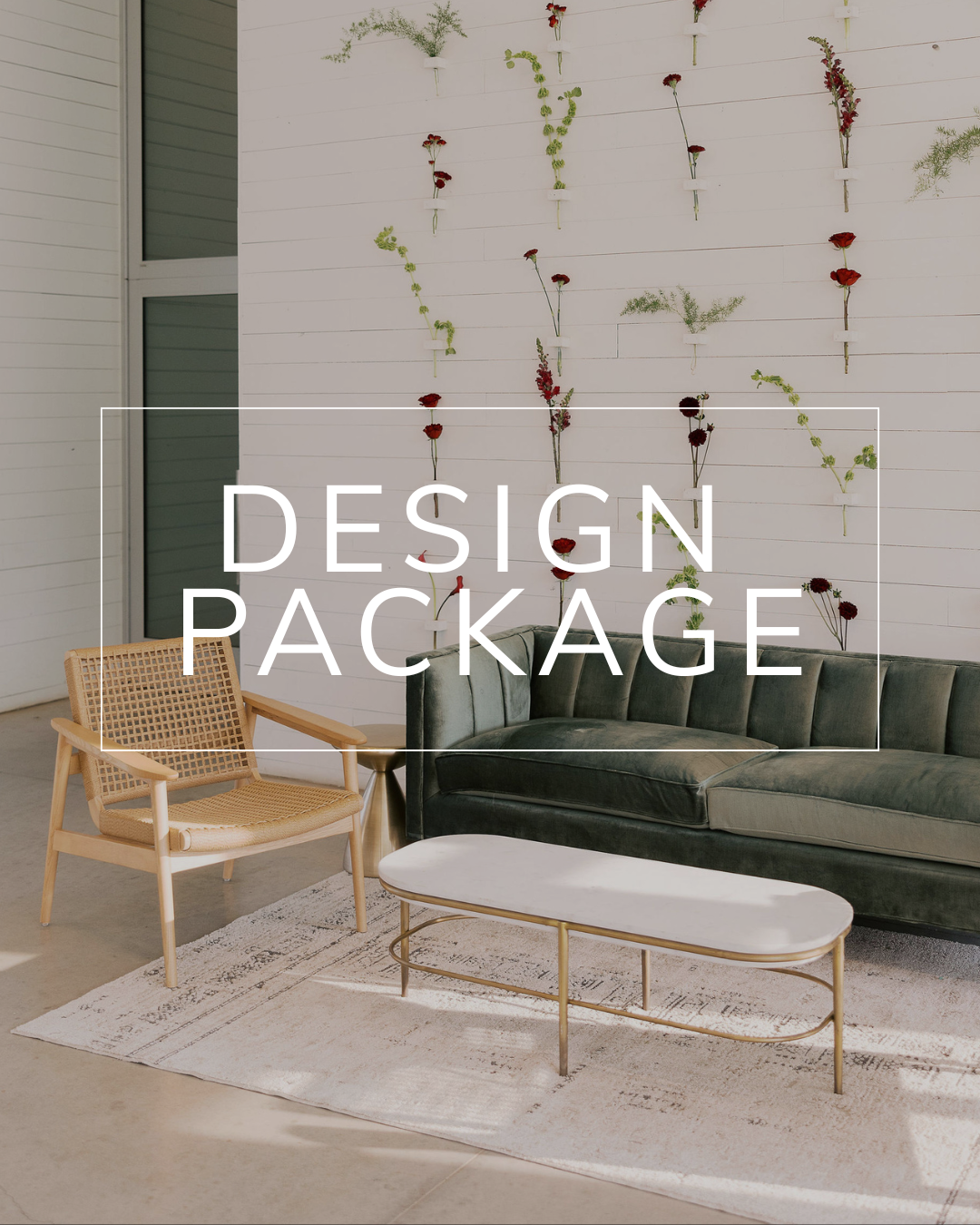 A room featuring a green velvet sofa, a woven wooden chair, and a light-colored coffee table with