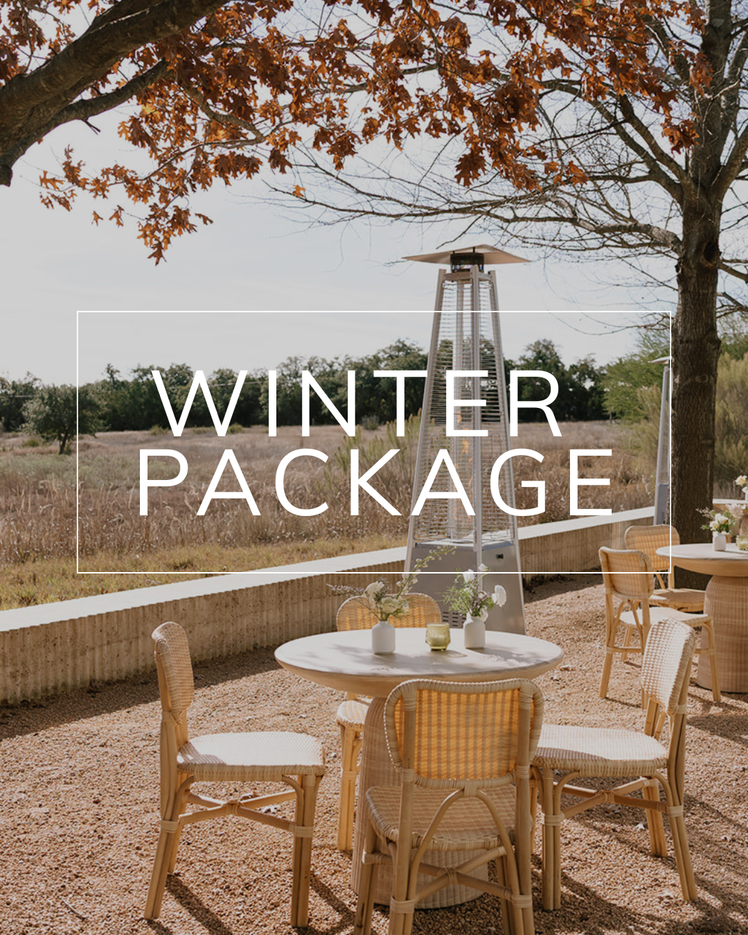 A terrace with rattan chairs and tables, a heater, and trees against a rural background. Text reads: WINTER PACKAGE.