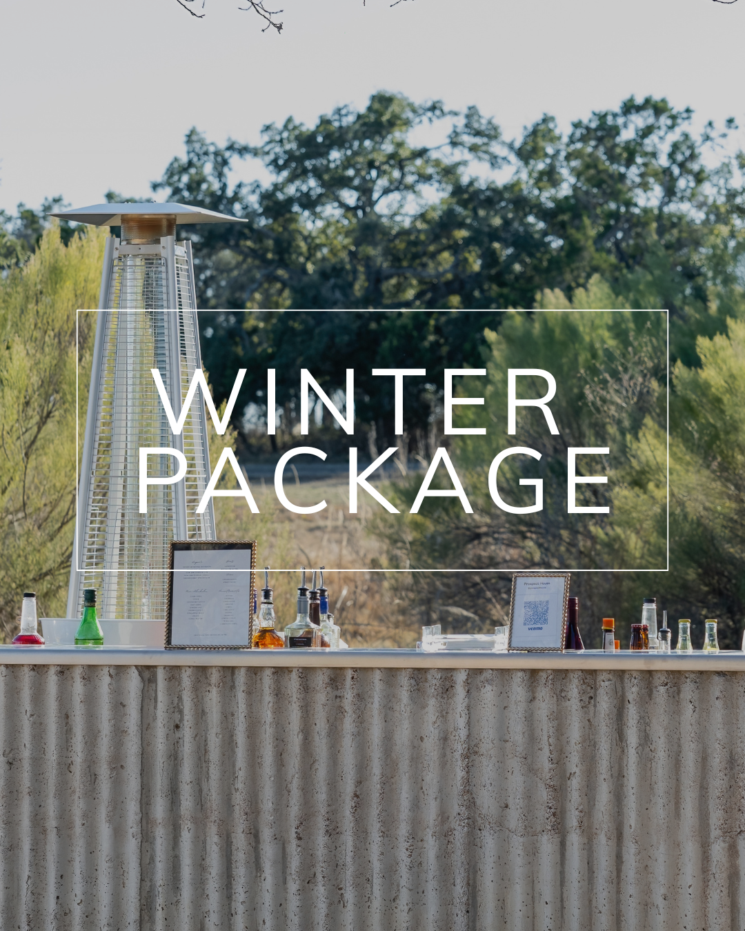 An outdoor bar with bottles and a heater, with white text overlay reading