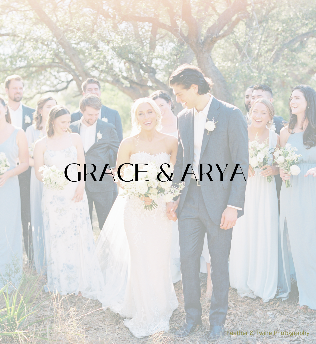 A bride and groom walk together outdoors, surrounded by a wedding party, with the text 