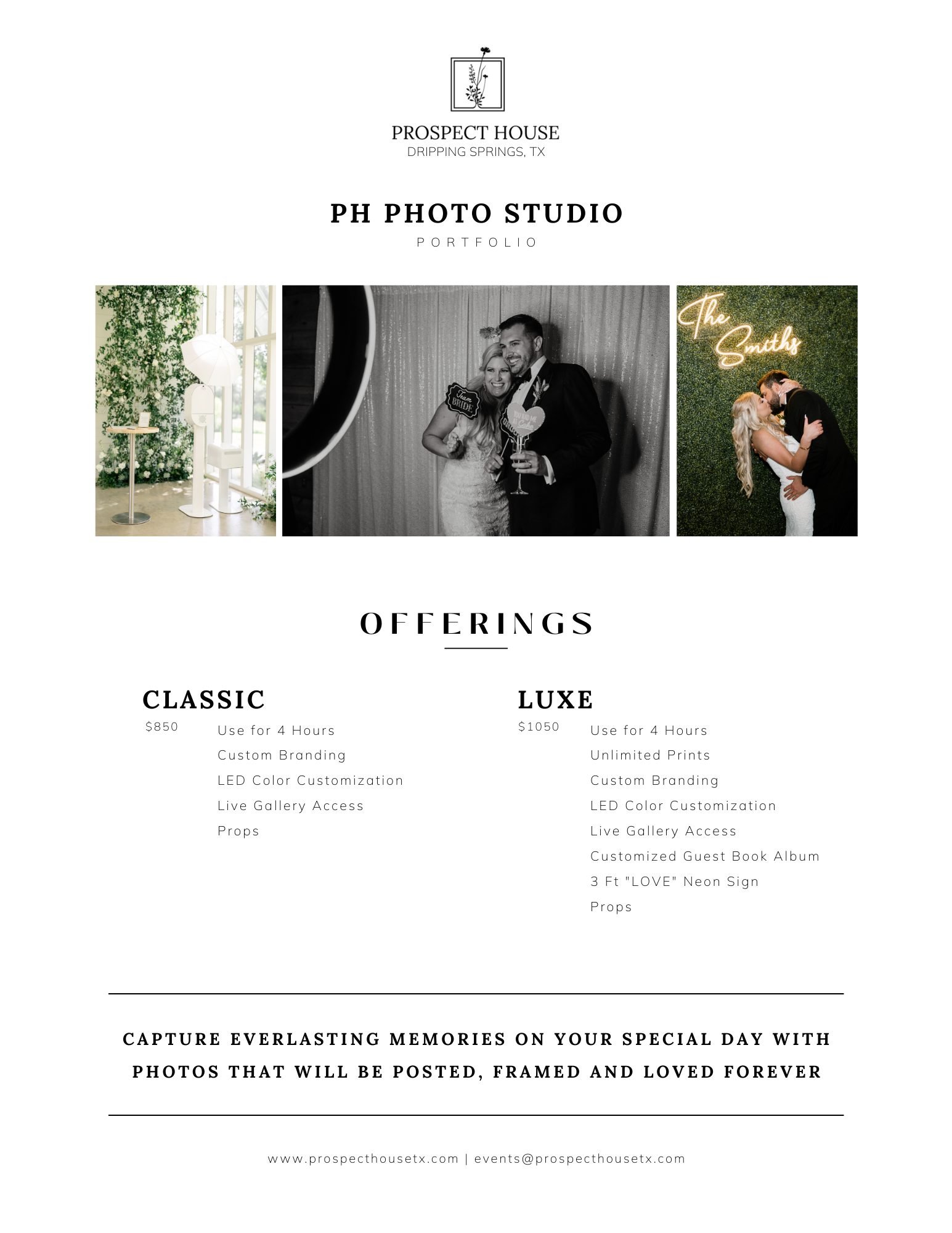 A brochure for a photo studio with a bride and groom.