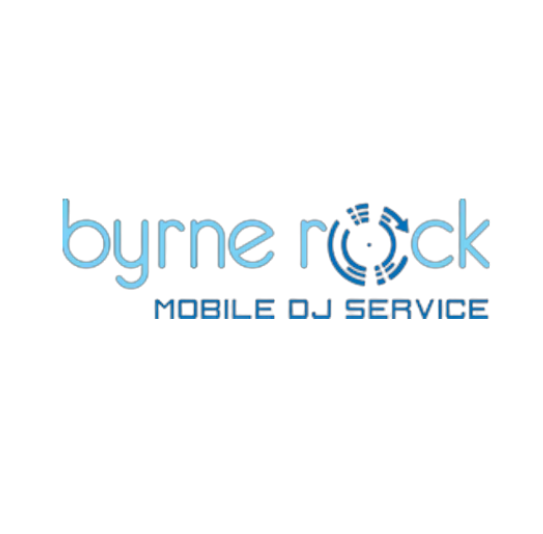 Logo for Byrne Rock Mobile DJ Service with blue text and a stylized record graphic replacing the letter 'o'.