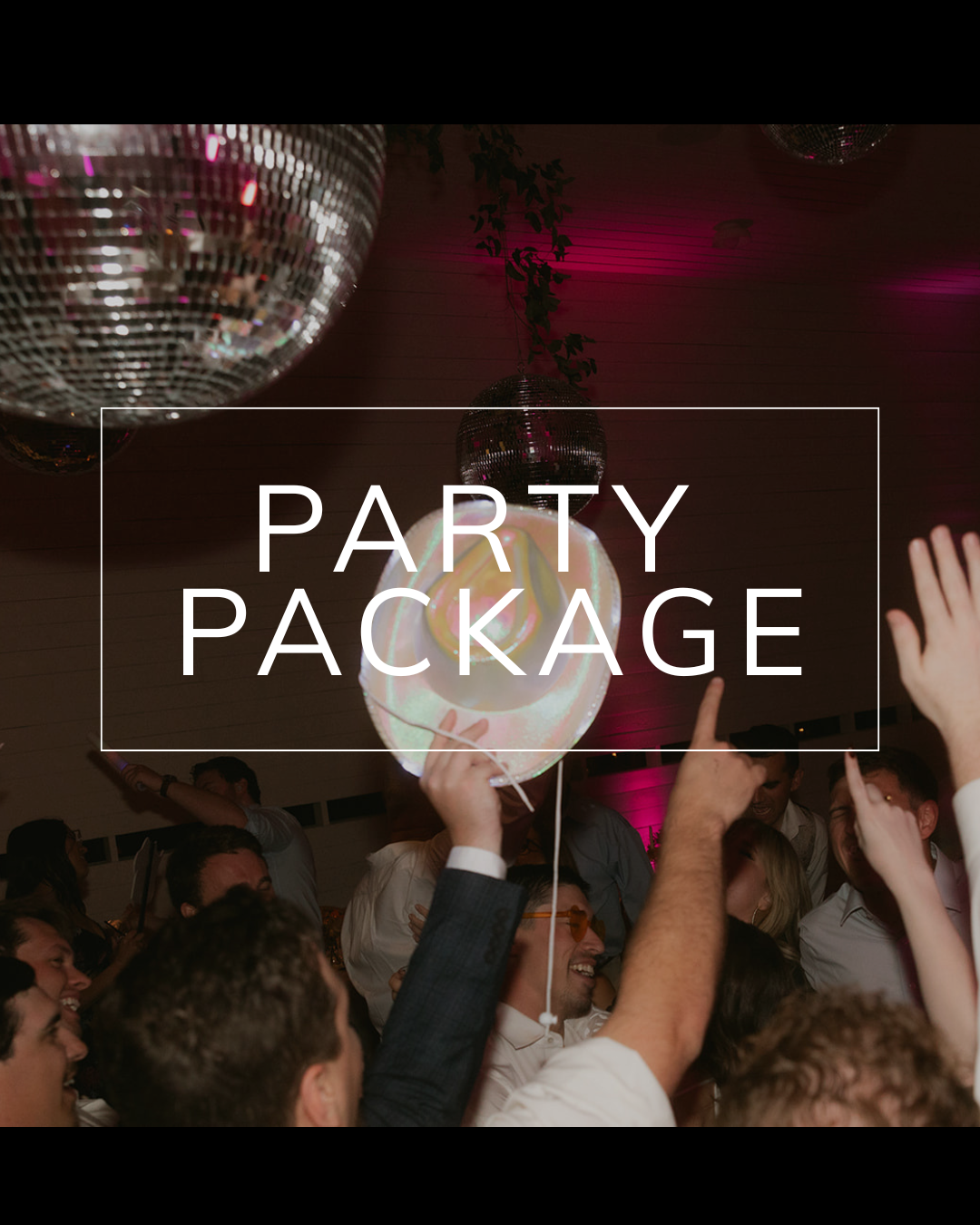 A party scene with a disco ball and a glowing orb held up by a person, featuring text that reads