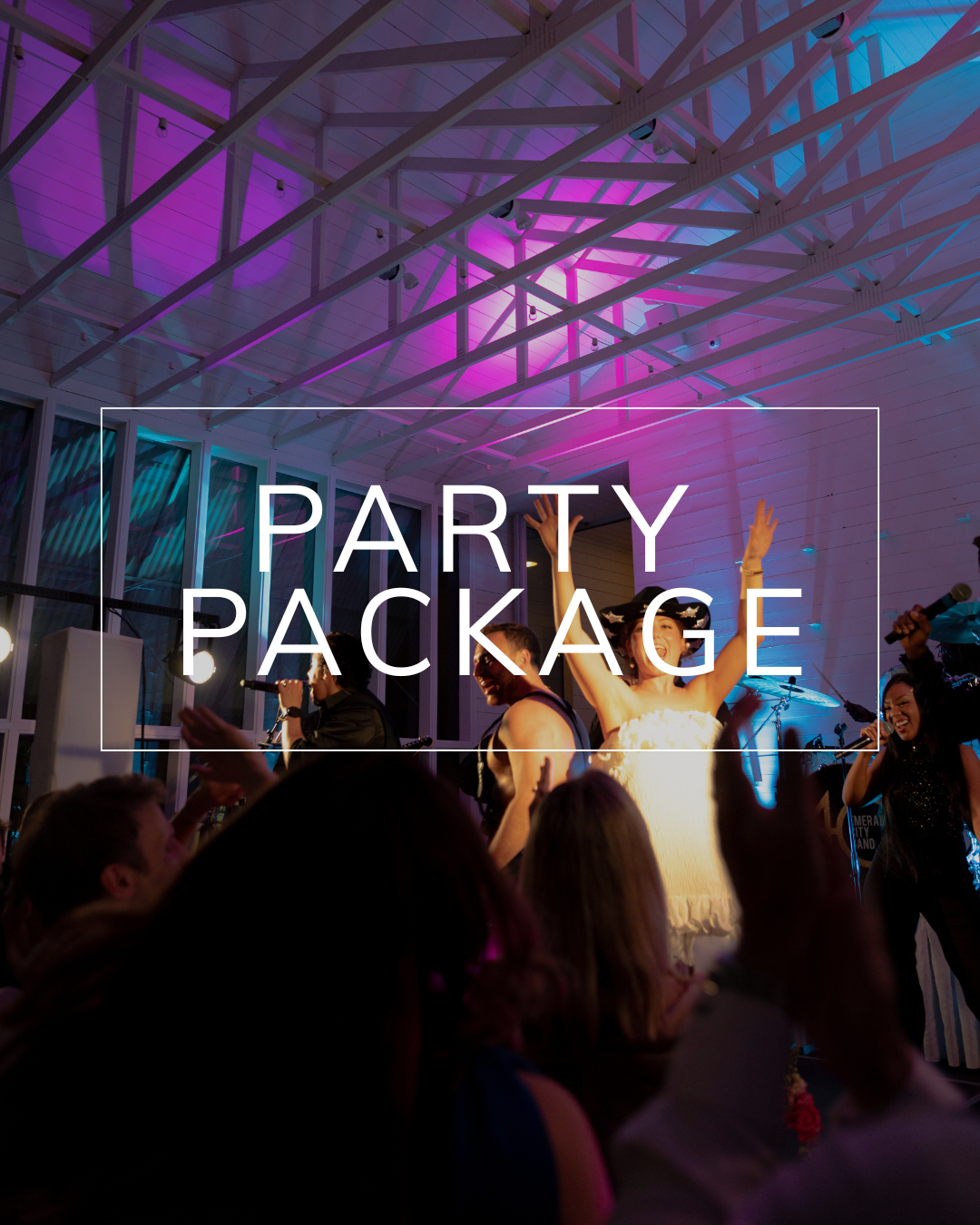 A crowd dances at a party under purple and blue lights, with the text