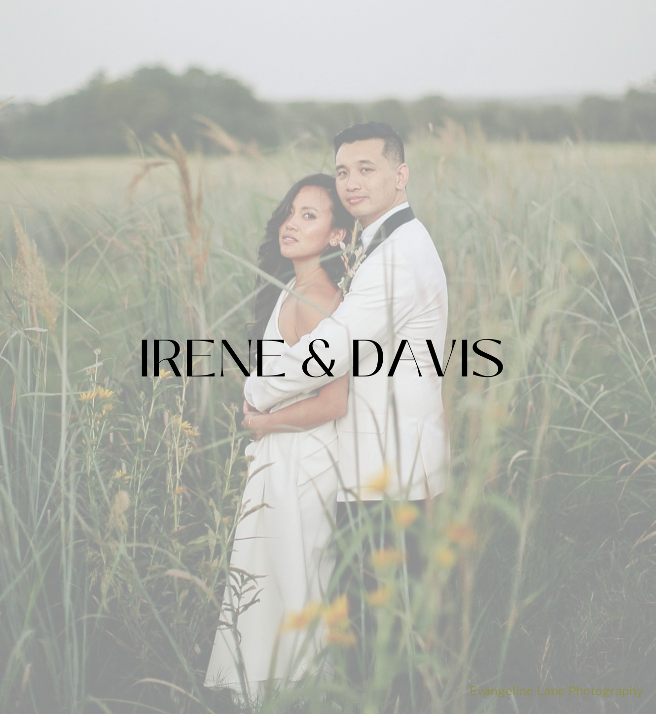 A couple in white attire embraces in a tall, grassy field, with the text 