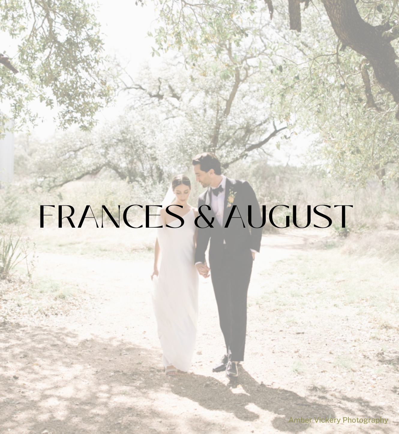 A bride and groom walk hand-in-hand along a sunlit dirt path beneath trees, with the text 