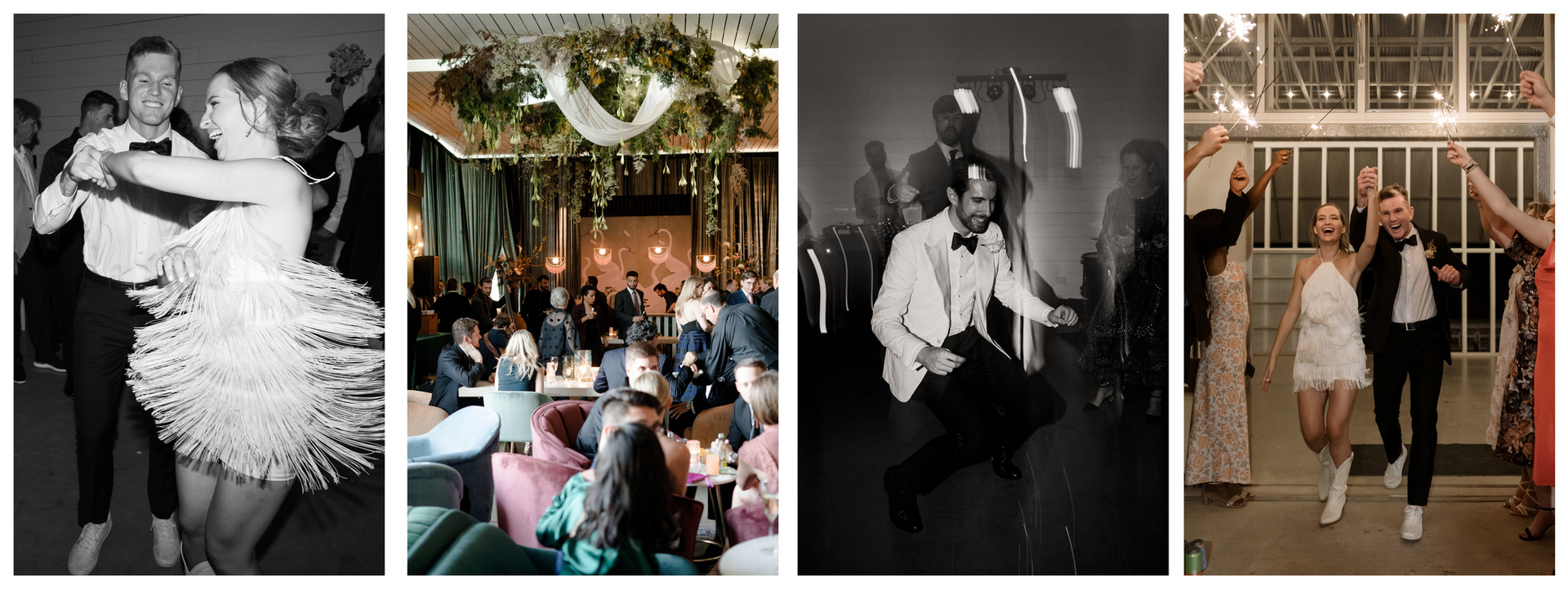 A collage of four photos. The first photo is a close up of a bride and groom dancing at a wedding reception. The second photo is of a reception space with guests mingling. The third photo is of a groom dancing solo with a big smile. The third photo is of a bride and groom exiting their wedding reception, the bride changed into a fringe dress and cowboy boots. 