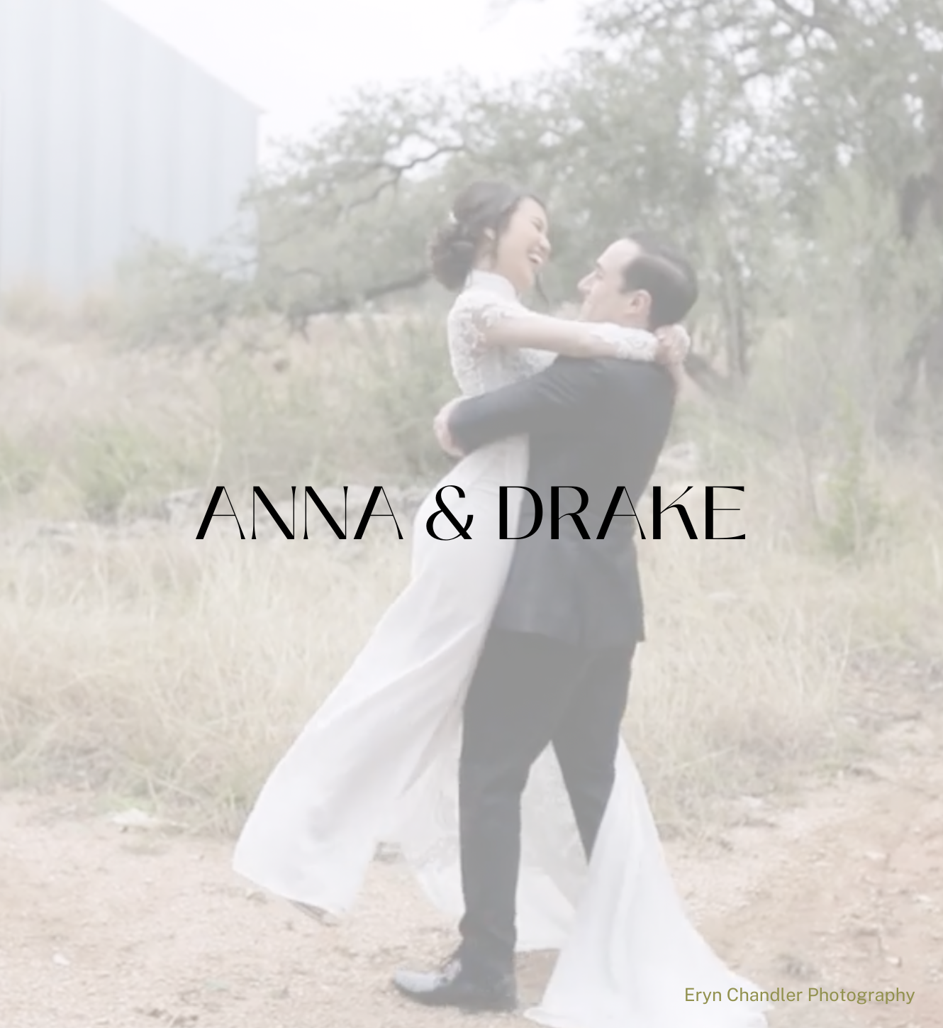 A groom lifts his smiling bride in an outdoor, misty setting. The text 