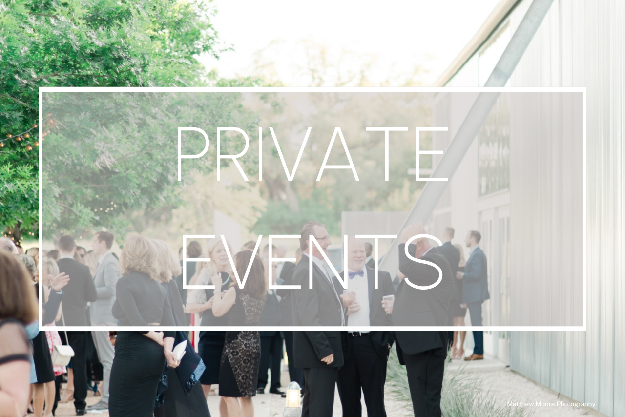 A group of people in formal attire socializing at an outdoor event near a modern building with the text PRIVATE EVENTS.