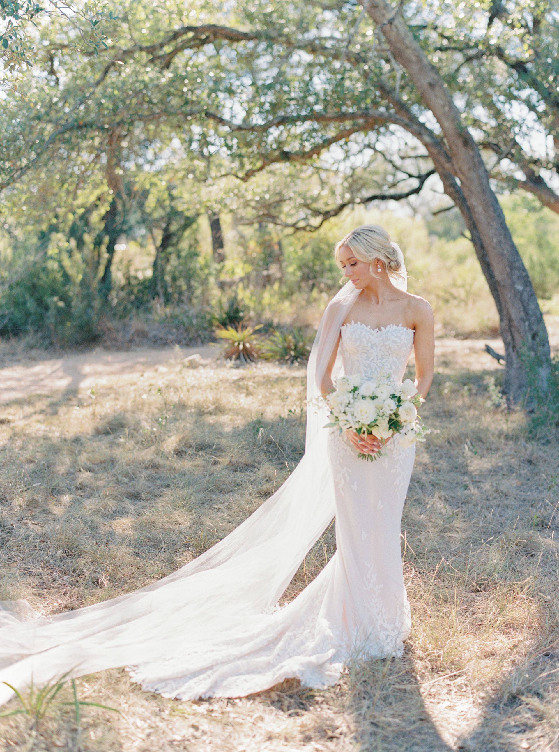 A bride in a white lace gown and long veil stands holding a bouquet in a sunlit, grassy grove of trees.