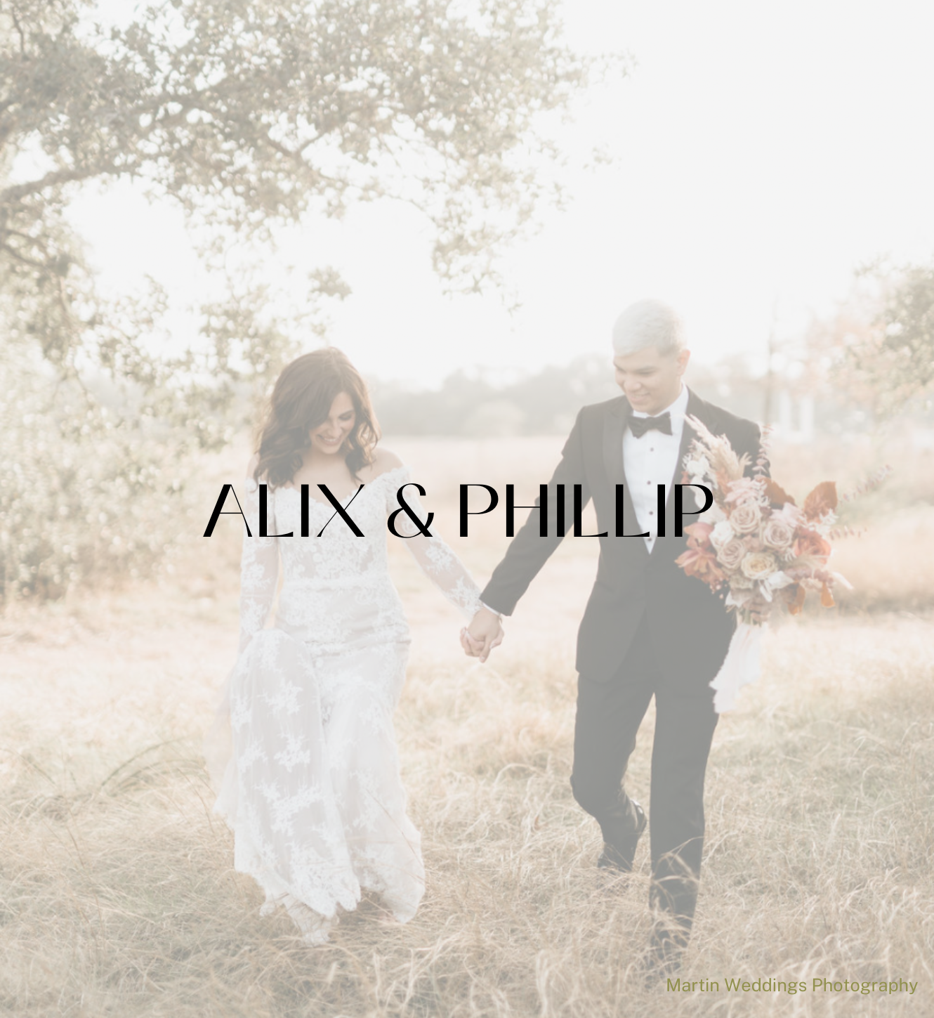 A bride and groom in formal attire walk hand-in-hand through a sunlit field with the text 