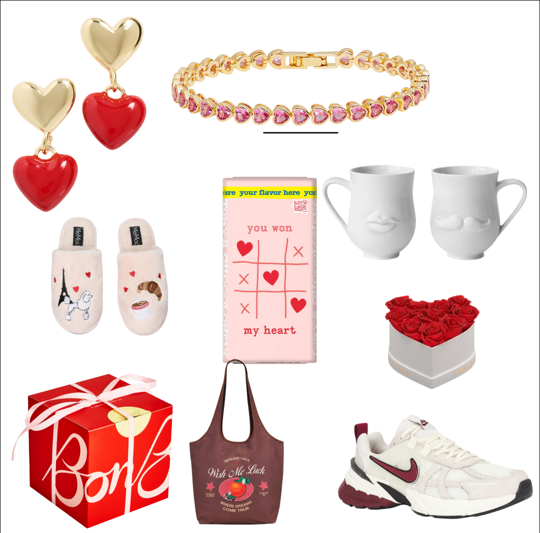 A collection of Valentine's Day-themed gifts, including jewelry, slippers, mugs, a rose box, a tote bag, and sneakers.