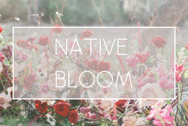 A rectangular white frame overlays a lush floral arrangement in red, pink, and white with the text