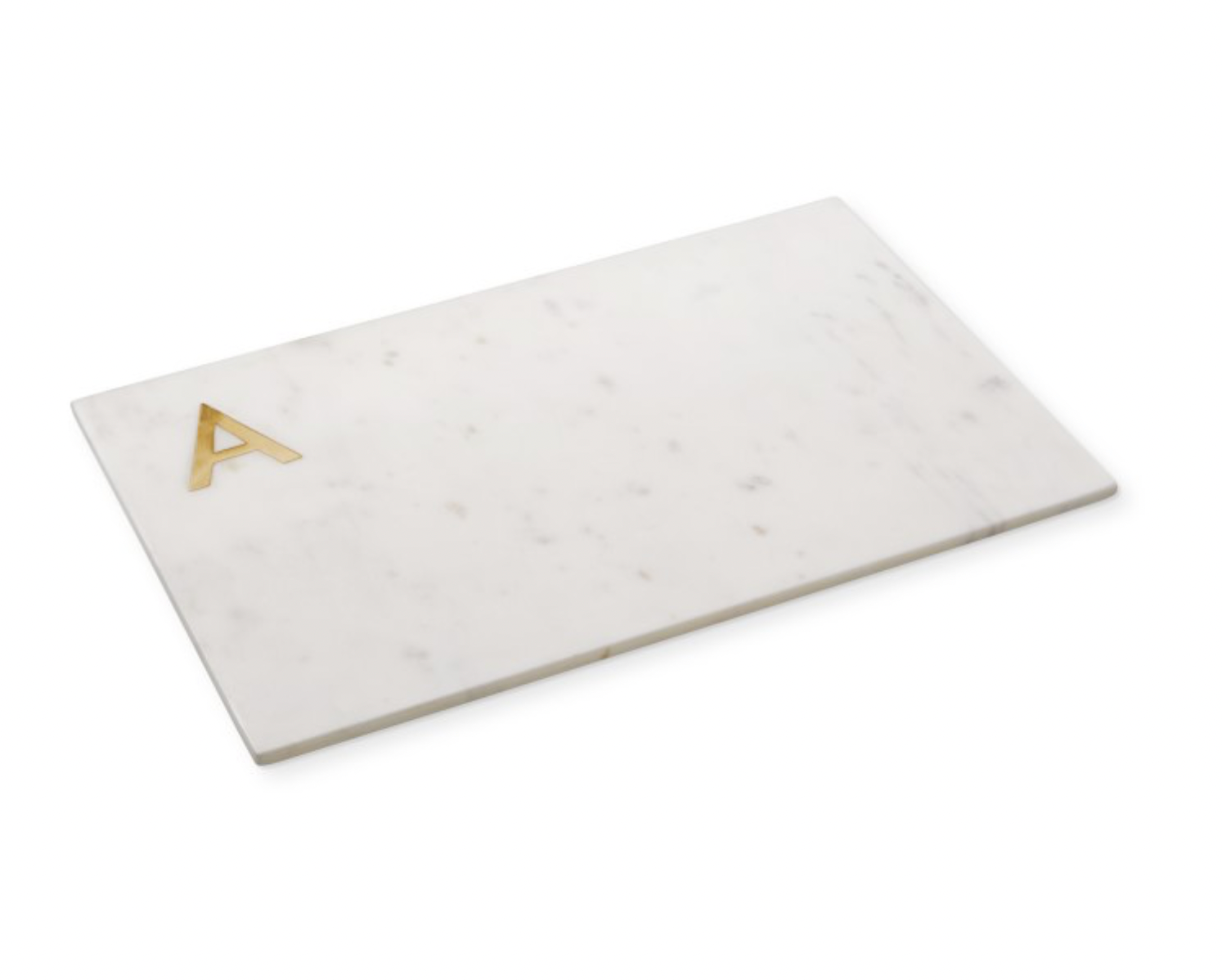 A rectangular white marble serving board featuring a small, gold-toned letter