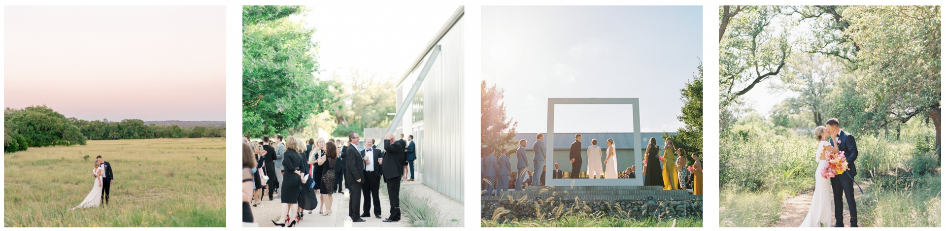 Four photos of a wedding featuring an outdoor ceremony, a reception, and a couple in a field at Prospect House.