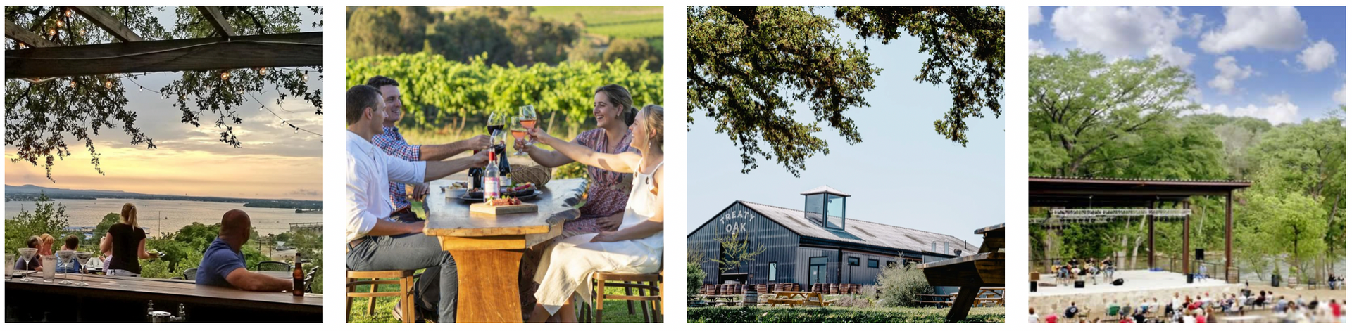 A four-panel collage showing people enjoying wine at a vineyard, a stone winery building, and an outdoor event space.