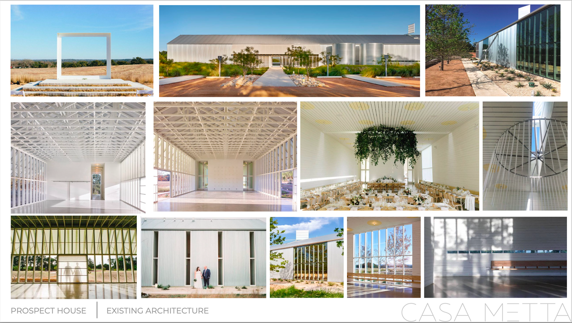 A collage showing the modern architectural design, white geometric interior, and outdoor event space of Casa Metta.