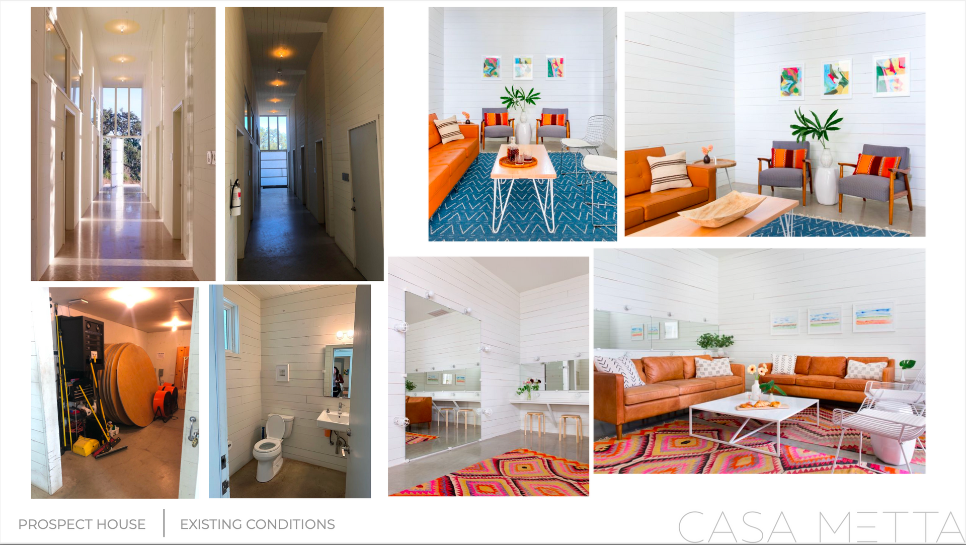A collage showing interior design photos of Casa Metta, including hallways, a bathroom, and styled living room spaces.
