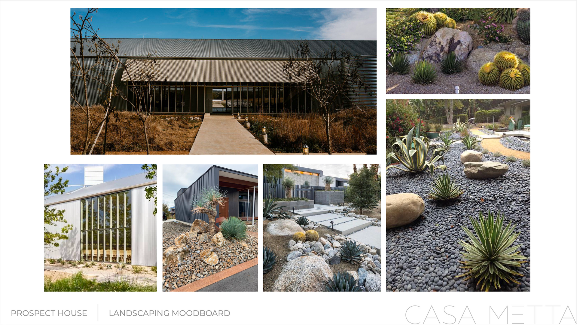 A collage showcasing a modern house with metal siding, wooden slat screens, and minimalist, arid landscape architecture.