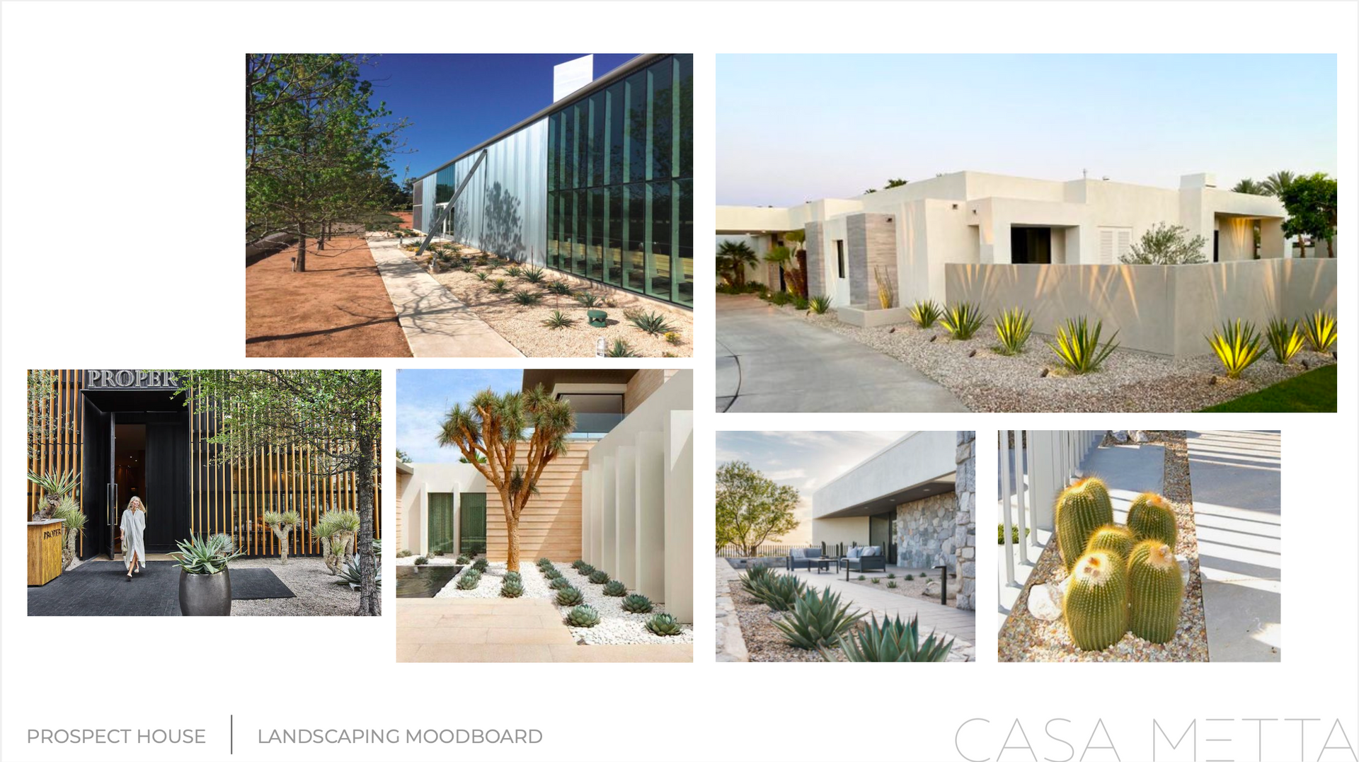 A collage of modern architectural features, including desert-style landscaping, minimalist buildings, and cacti.
