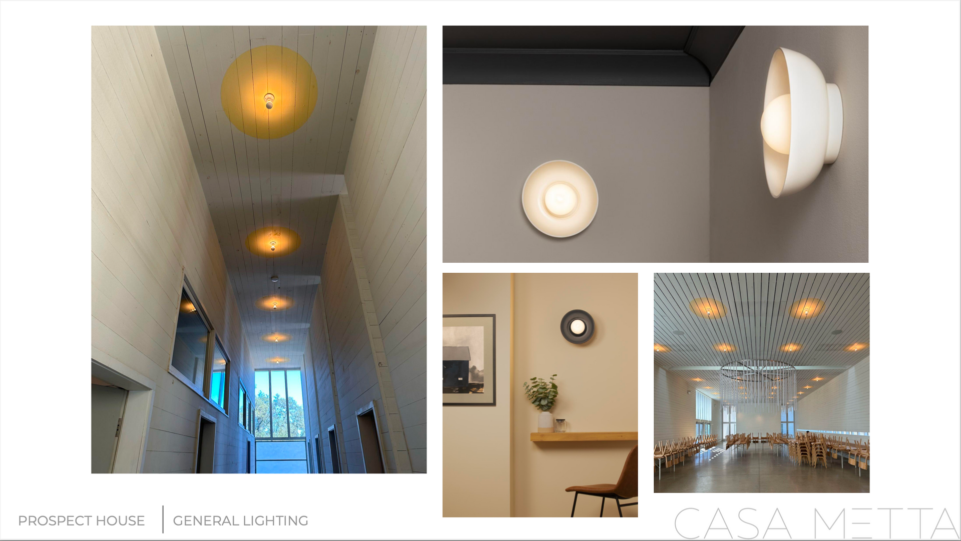 A collage showing various interior lighting installations, including hanging pendant lights and wall-mounted fixtures.
