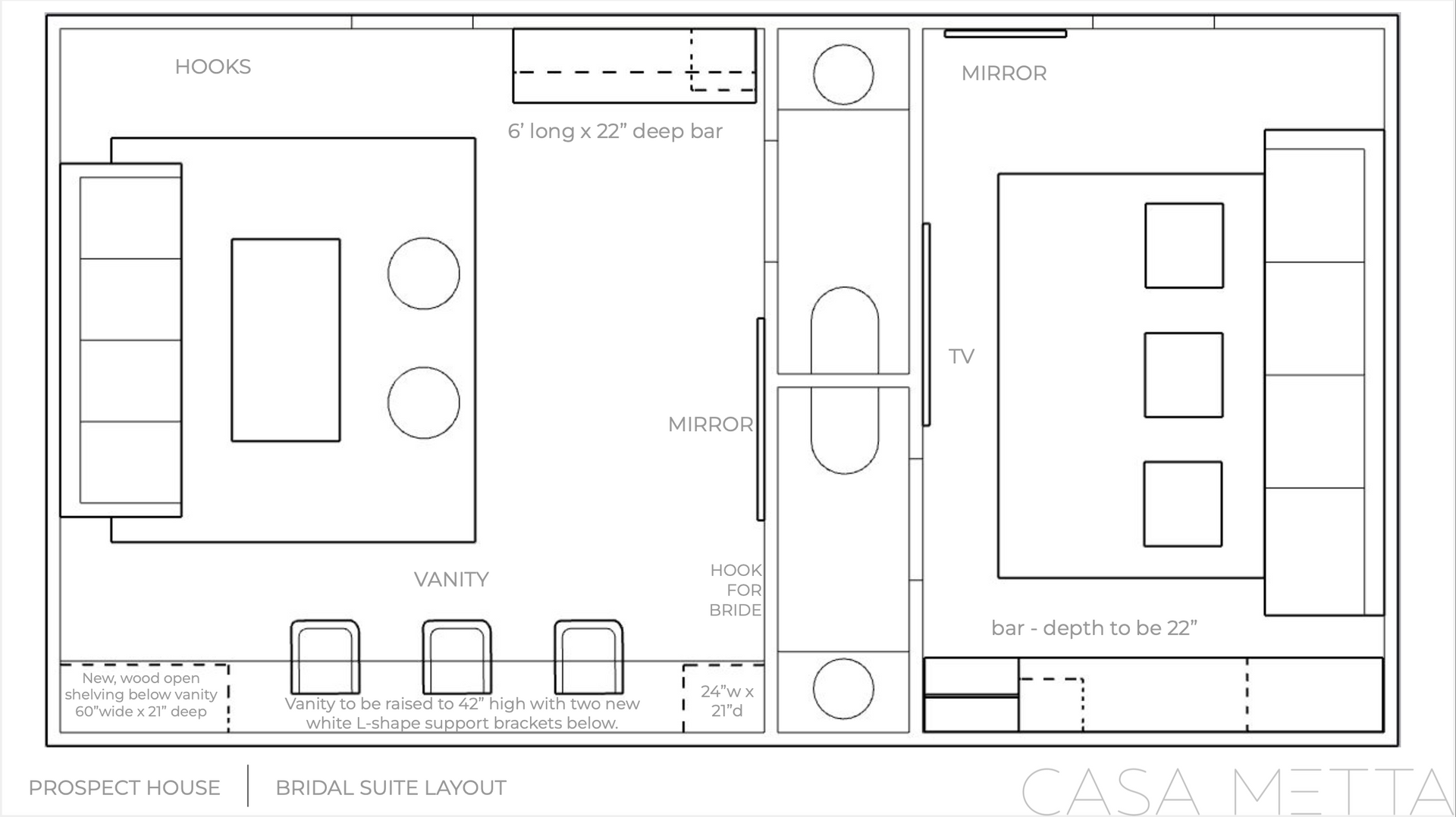 A technical floor plan of a room layout featuring a lounge area, a TV room, and a shared bathroom, labeled 