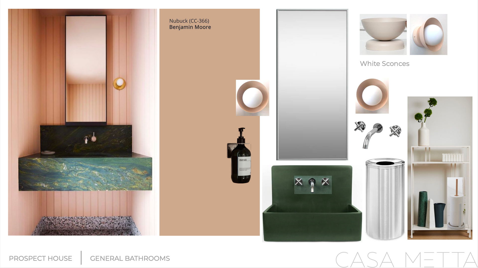 A mood board for a bathroom design, featuring soft pink walls, dark green marble textures, and modern gold hardware.