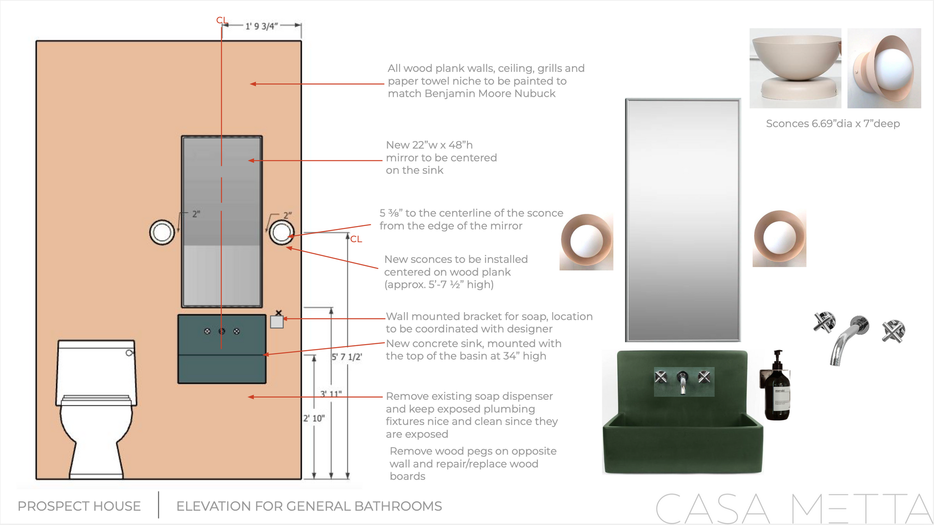 Bathroom elevation drawing with dimensions, material specifications, and product renders for sink, faucet, and mirror.