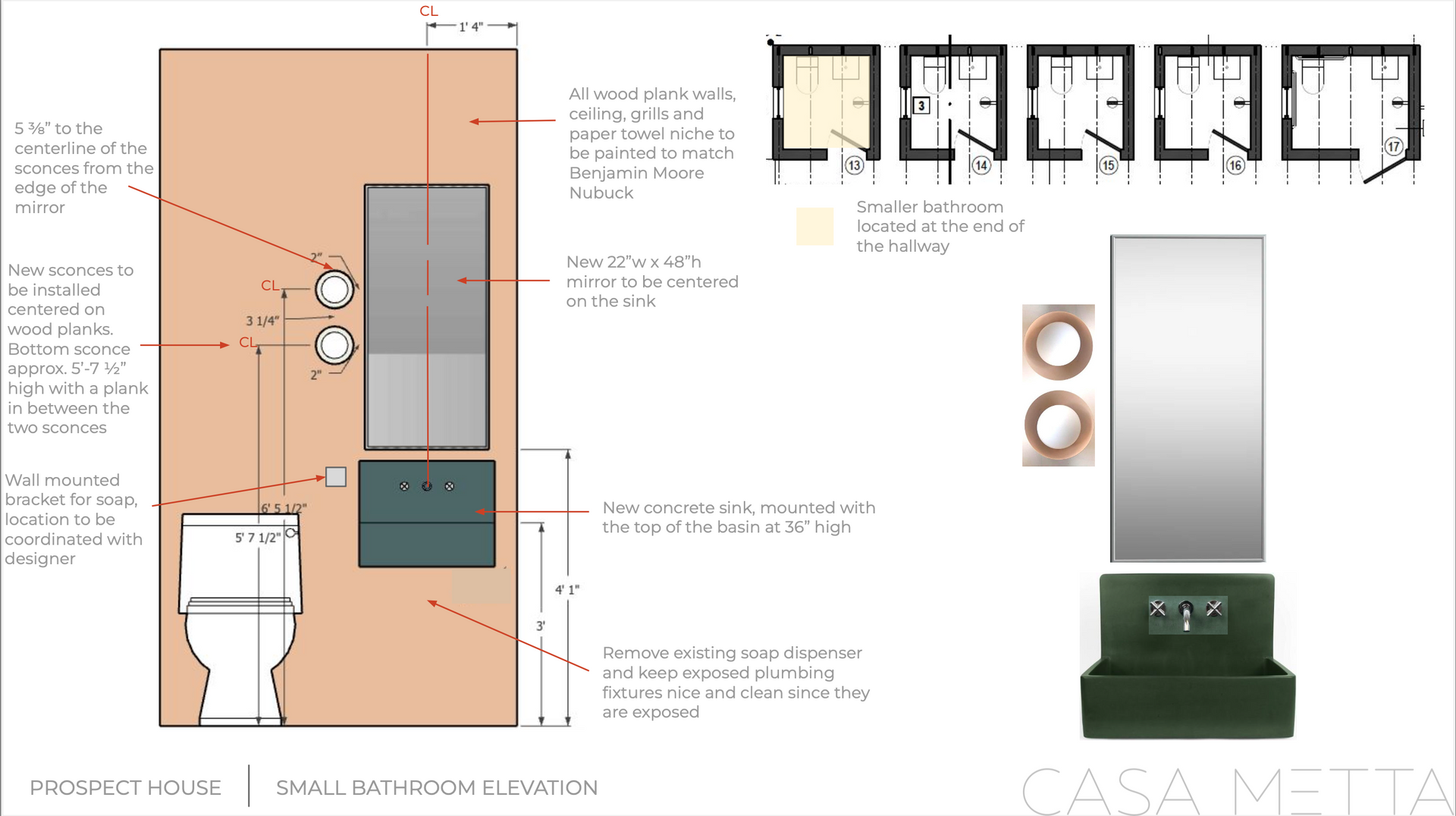 Design plan for a small bathroom, featuring floor layouts, elevation view, and fixture placement for Casa Metta.