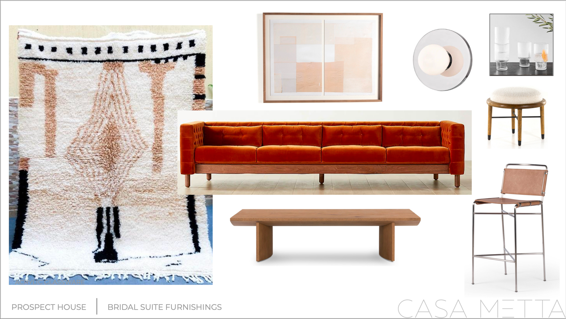 A design mood board features a rust-colored velvet sofa, a textured rug, wooden furniture, a light fixture, and art.