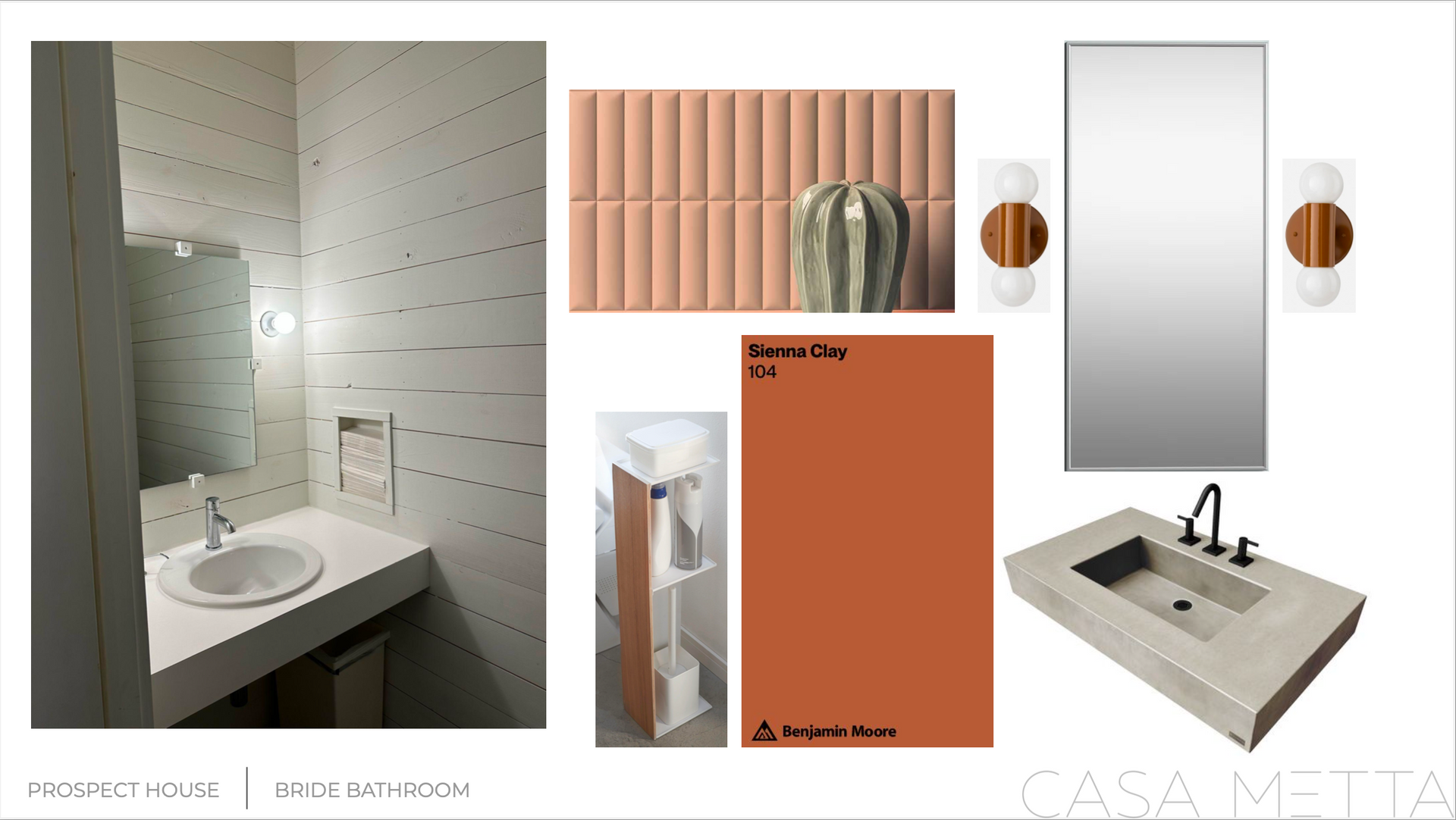 A mood board showing a bathroom renovation plan with terracotta tiles, a concrete sink, wall mirrors, and warm lighting.
