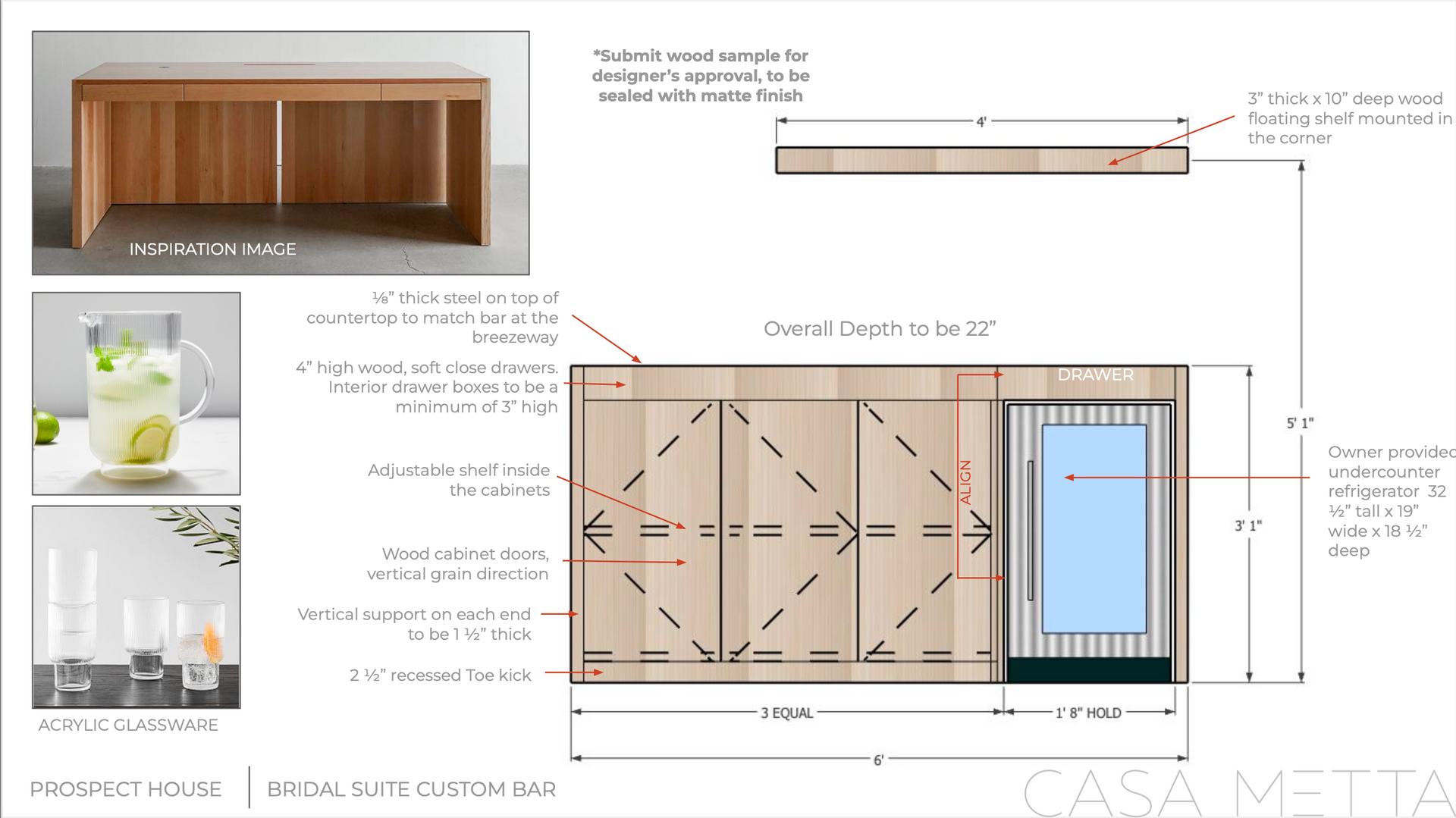 Design plan for a custom wooden bar, featuring a front elevation with dimensions and an integrated small refrigerator.