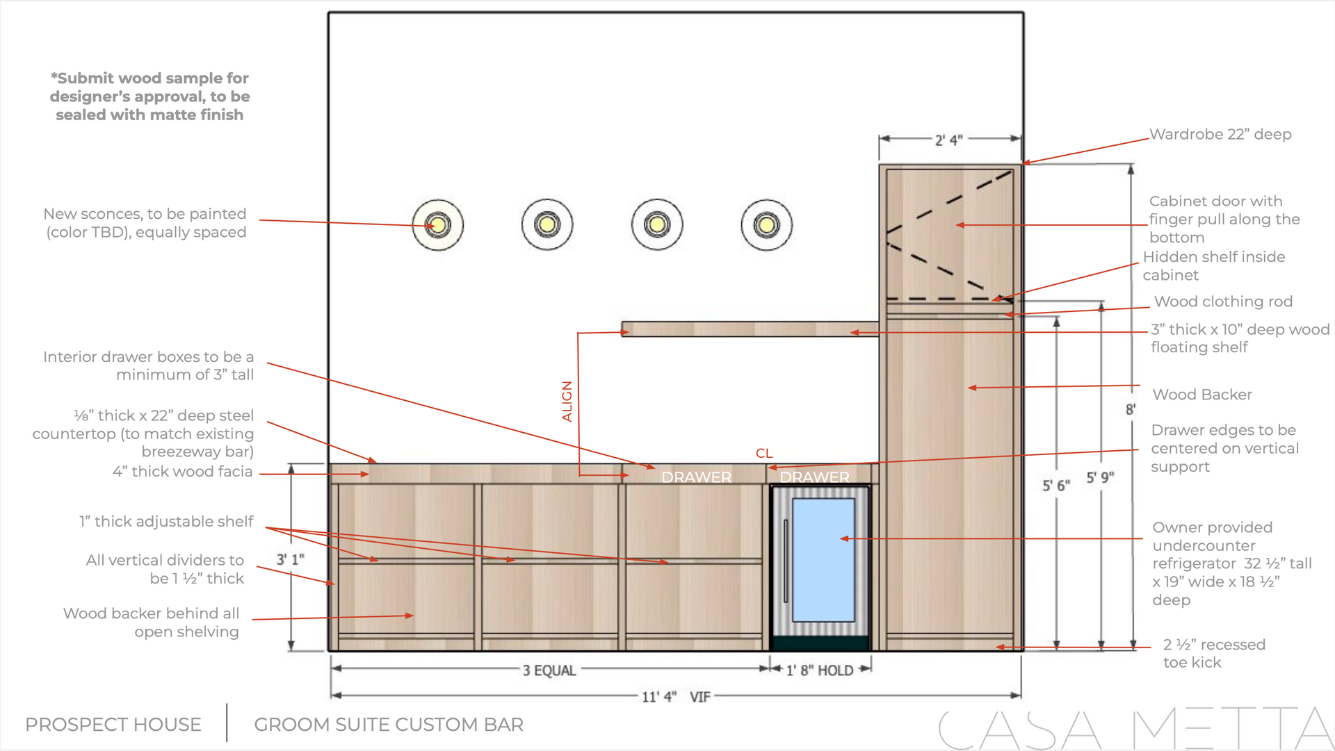 Architectural elevation drawing showing a cabinet wall, integrated shelving, and a small door, with annotated measurements.