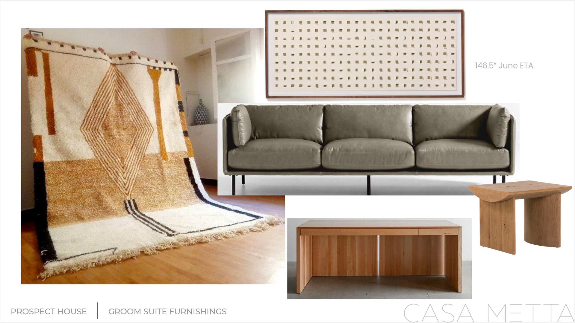 A mood board featuring a textured tribal rug, olive sofa, wooden desk, side table, and minimalist wall art by Casa Metta.